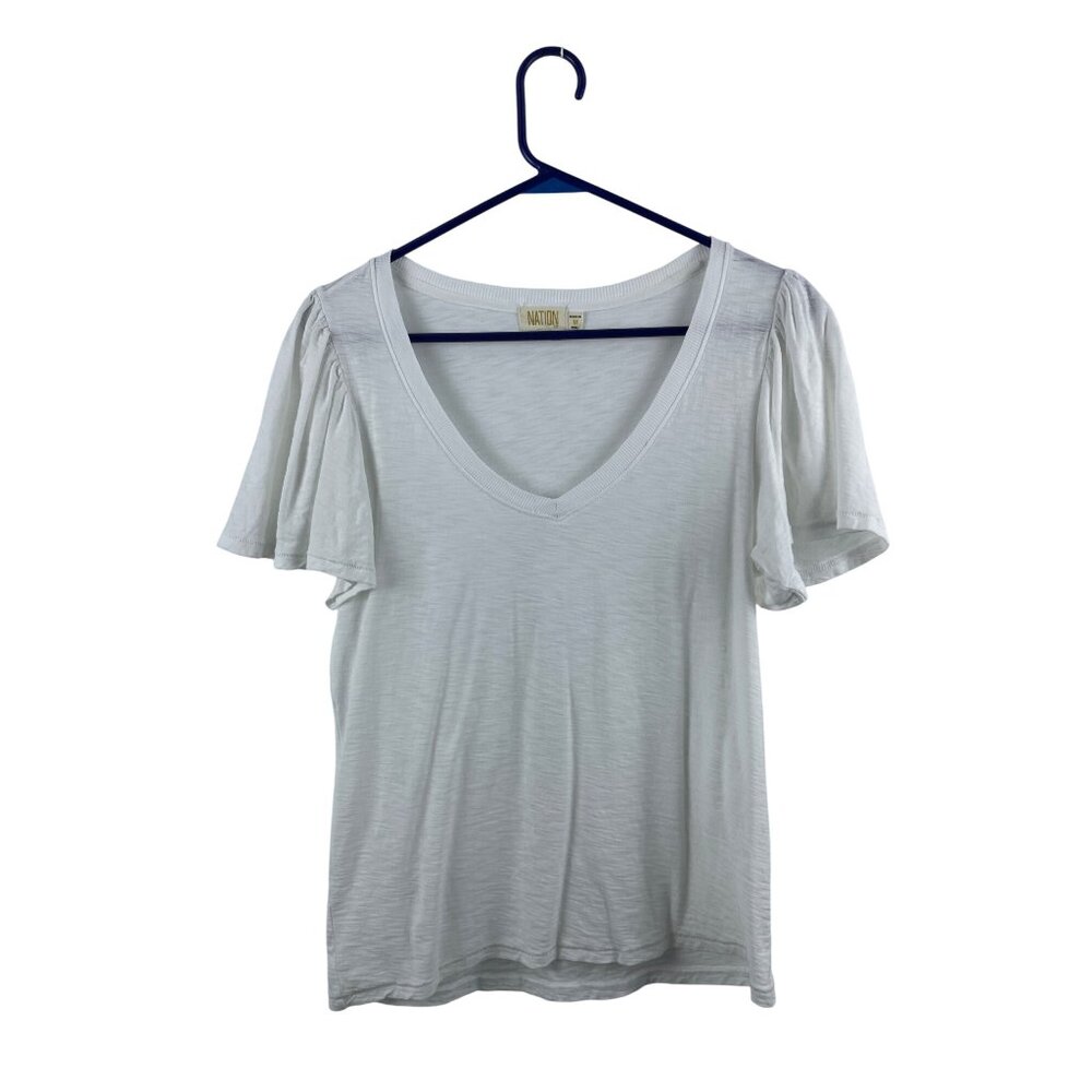 Nation LTD Women's Medium Flutter Sleeve V Neck Knit White T-Shirt